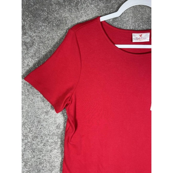 Quacker Factory Short Sleeve Knit Top Seersucker Stripe Pocket Womens Medium Red - Picture 6 of 16